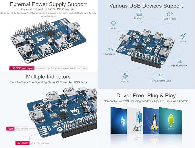 Waveshare USB 3.2 Gen1 HUB HAT Compatible with Raspberry Pi 5/4B/3B/Zero/Zero W/Zero 2W/Pico/Pico W/Pico WH 4X USB 3.2 Gen1 Ports No Driver Required