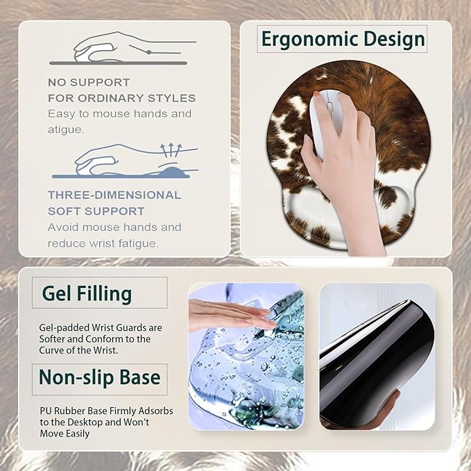 Large Mouse Pad Ergonomic Mouse Pad with Wrist Rest and Keyboard Wrist Rest 4 in 1 Set 31.5 x11.8 inch Extended Desk Pad for Home Office Faux Brown Cowhide Fur Pattern XXL Gaming Mouse Mat
