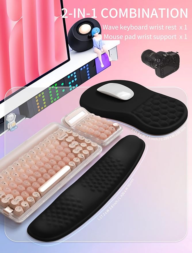 Hokafenle 2in1 Combination Wave Keyboard Wrist Rest and Ergonomic Curvature Mouse Pad Wrist Support for Relieve Wrist Pain Filled with Soft Cushion Memory Foam Black