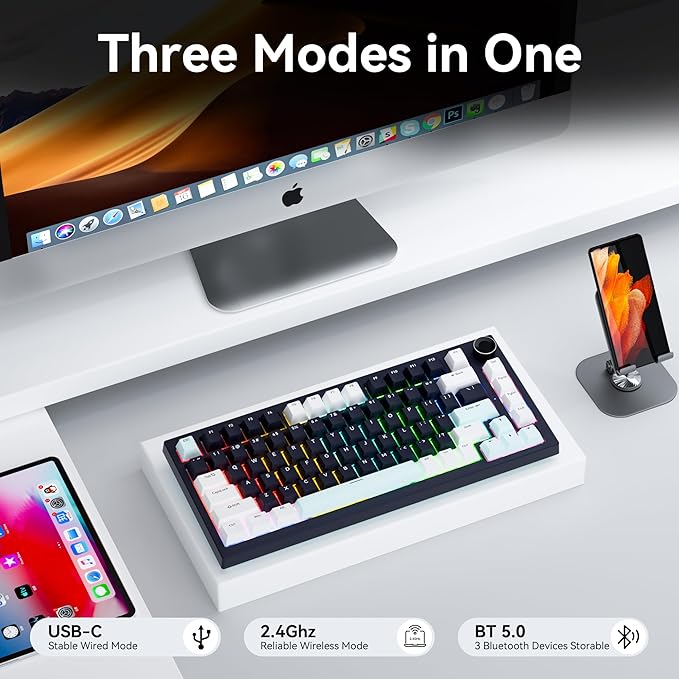 Gurjot Wireless Mechanical Keyboard with KnobTri-Mode BT5.0/2.4GHz/USB-C Hot Swappable Mechanical KeyboardPre-lubed Linear Switches8000mAH Battery RGB Backlit Computer Gaming Keyboards