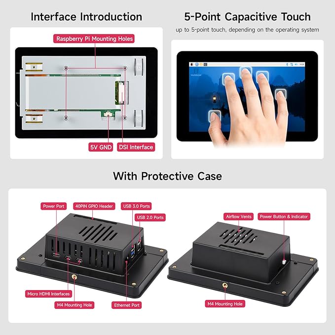KLAYERS 5inch Capacitive Touch Display 2 Compatible with Raspberry PI720 × 1280 DSI Interface 5-Point Touch IPS Display with Case