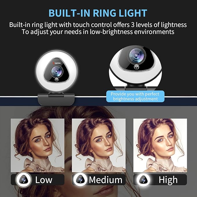 Angetube Streaming Webcam with Ring Light - 1080P Autofocus Computer Camera with Microphone Adjustable Brightness Digital Zoom Webcams for Xbox Twitch Gaming USB PC Web Camera for PC Laptop Desktop