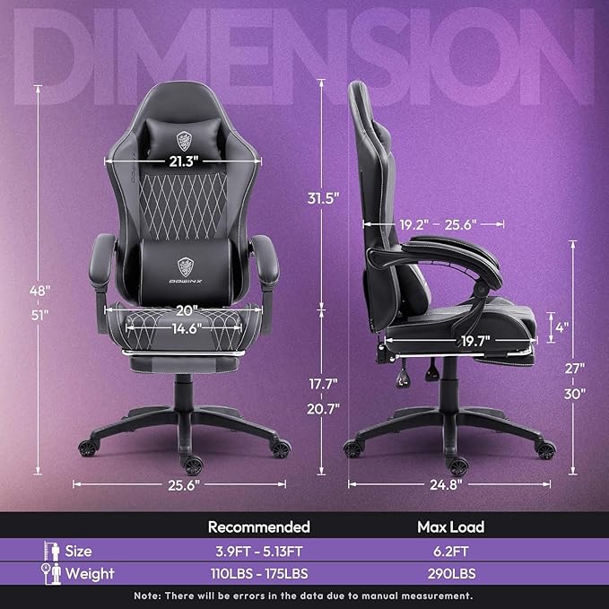 Dowinx Gaming Chair with Massage Lumbar Support and Footrest Video Game Chair for Adults Adjustable Ergonomic Gamer Chairs High Back with Pocket Spring Cushion Swivel Recliner with Headrest Grey
