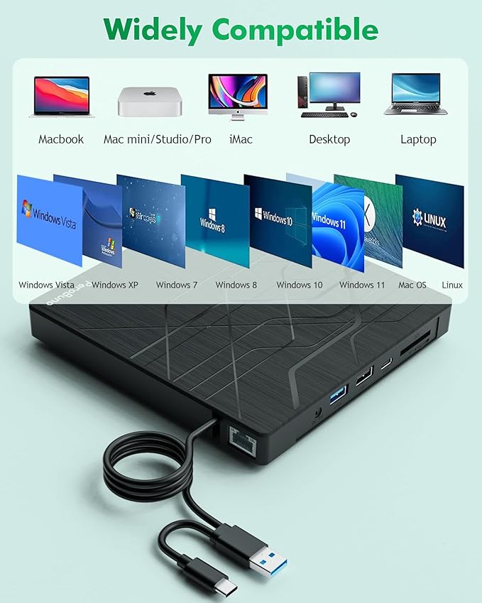Super External CD DVD Drive USB 3.0 DVD Burner with Ethernet Adapter 3 USB and 2 TF/SD Card Ports CD DVD Player Reader Writer Optical Disk Drive for Laptop PC Mac Windows Linux with Carrying Case