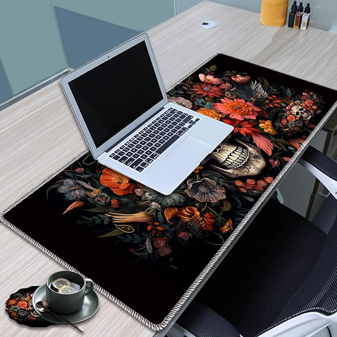Large Game Mouse Pad + Wrist Support Pad + Coffee Coaster Desk Pad with Sewn Edges Anti-Slip Set pad Suitable for Office Work and Home - Skeleton Flower Skull