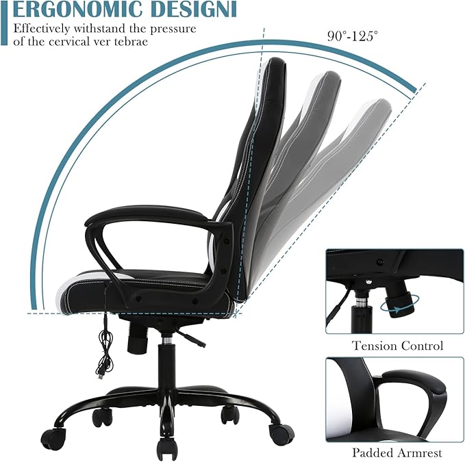 Gaming Chair Office Chairs Ergonomic Design Comfortable Office Chair PU Leather with Mesh Back Gaming Chairs with 360-Degree Swivel Gaming Chairs for Adults PC Chair Max 250LBS White