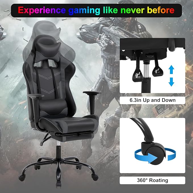 Gaming Chair Computer Chair Ergonomic Gaming Chair with Footrest Reclining High Back Video Game Chair with Lumbar Support Headrest Armrest Swivel Seat for Women Men (Grey)