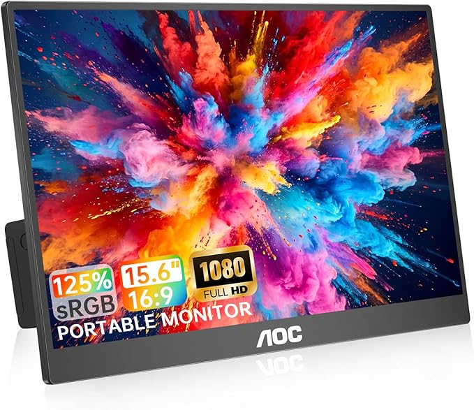 AOC Portable Monitor 15.6inch 125% sRGB IPS 1080P FHD USB-C HDMI Computer Display HDR Gaming Monitor Ultra-Slim Second External Monitor with Built-in Speakers for Laptop PC MAC Phone PS Xbox Switch
