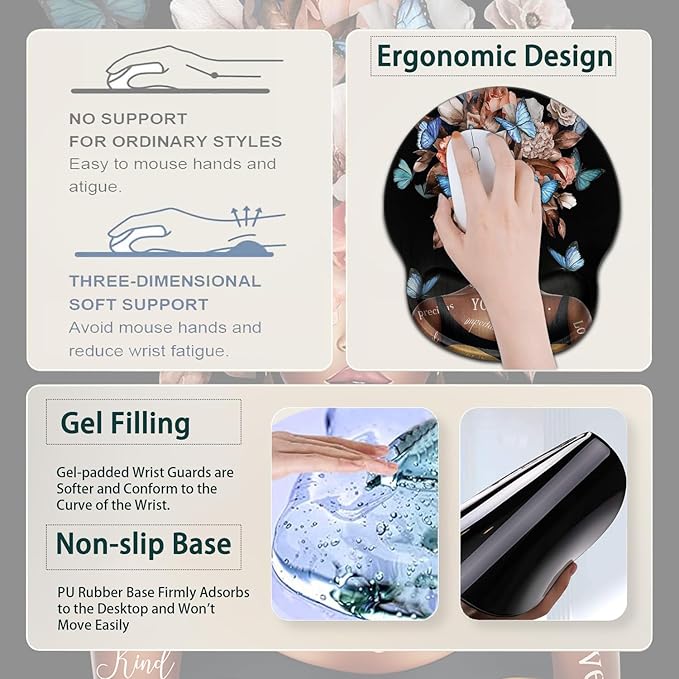 Large Mouse Pad Ergonomic Mouse Pad with Wrist Rest and Keyboard Wrist Rest 4 in 1 Set 31.5 x11.8 inch Extended Desk Pad for Home Office Flowers + African American Woman Black Gaming Mouse Mat