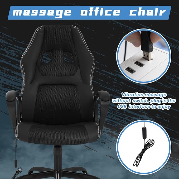 High-Back Racing Gaming Chair with Massage Lumbar Support - Ergonomic Adjustable Swivel - Black PU Leather - Perfect for Home Office or Gaming (Black)