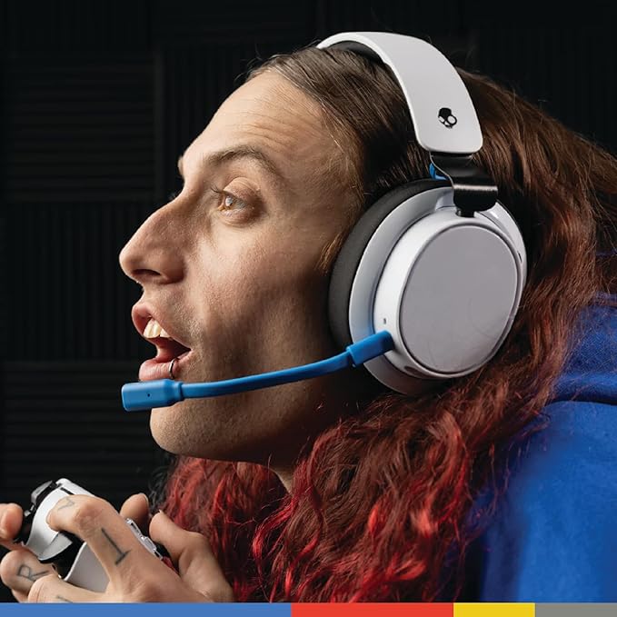 Skullcandy SLYR Pro Wireless Multi-Platform Gaming Headset Bluetooth Headphones Up to 24 Hrs Battery PC PlayStation Nintendo Switch 2.4GHz Low Latency Wireless Transmitter Included - White/Blue