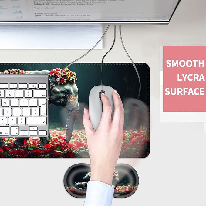 Mouse PadLarge Desk Mat Set 4in1 XL Mousepad + Keyboard Wrist Rest+Mouse Wrist Rest+Coaster with Ergonomic Desk Pad for Home Office Table Computer Cover -Mother and Baby Elephants