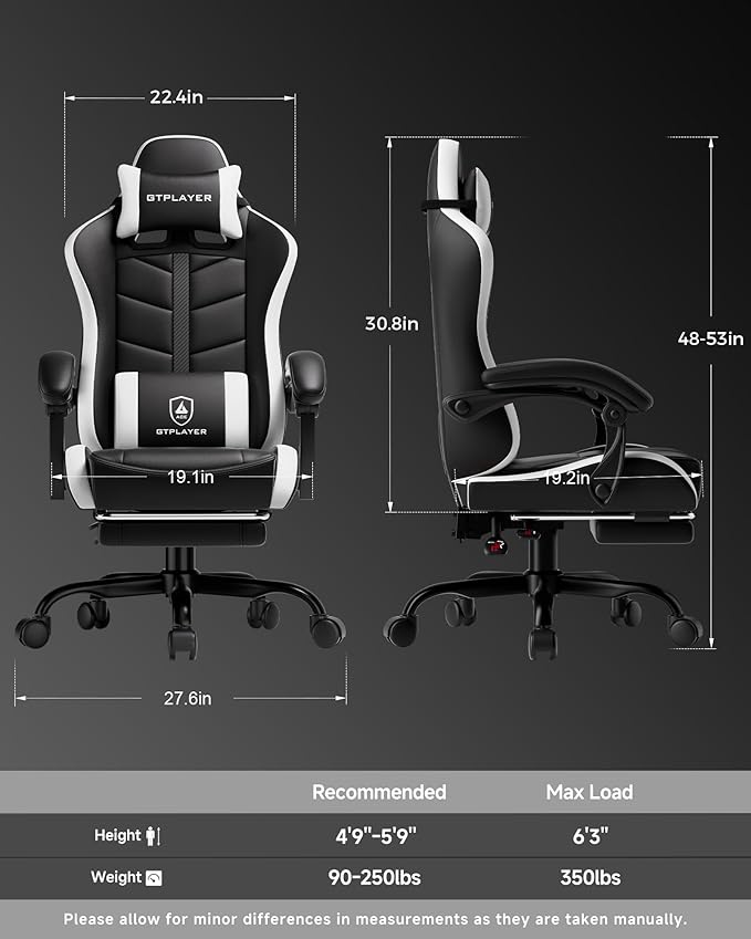 GTPLAYER Gaming Chair Computer Gaming Chairs for Adults with Footrest Height Adjustable PC Game Chair with 90-155° Recline &amp Removable Headrest Lumbar Support Black-White
