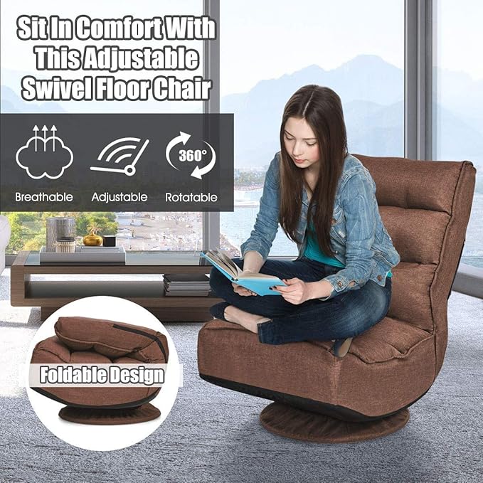 LDAILY Floor Gaming Chairs 360 Degree Swivel Recliner with 5 Adjustable Positions Comfortable Padded Lazy Sofa Foldable Gaming Chair for TV Watching Reading (Coffee)