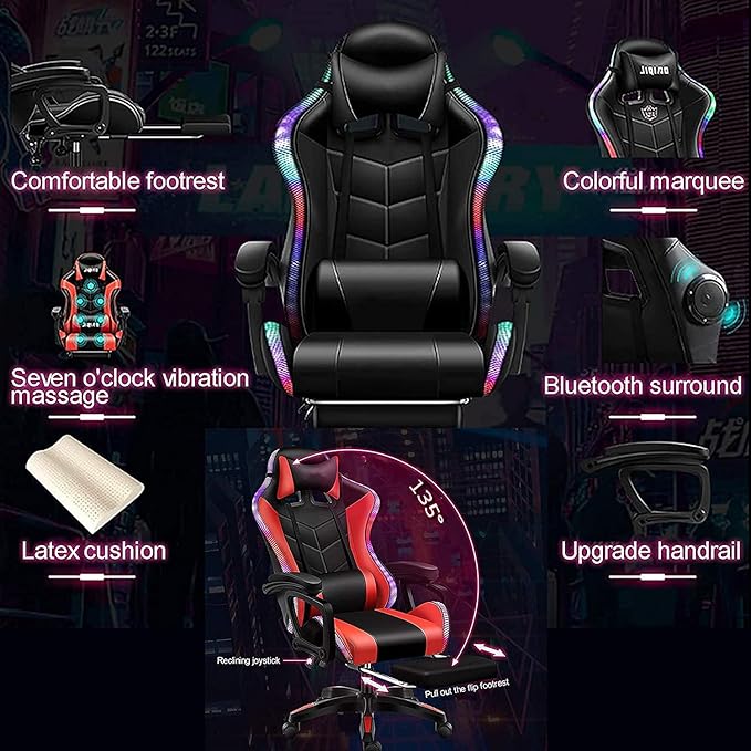 Gaming Chair with Bluetooth Speakers Video Game Chairs Gaming Lights- Ergonomic Massage Gaming Chair Full Massage Lumbar Support Adjustment of Backrest Dual Gaming Chair…