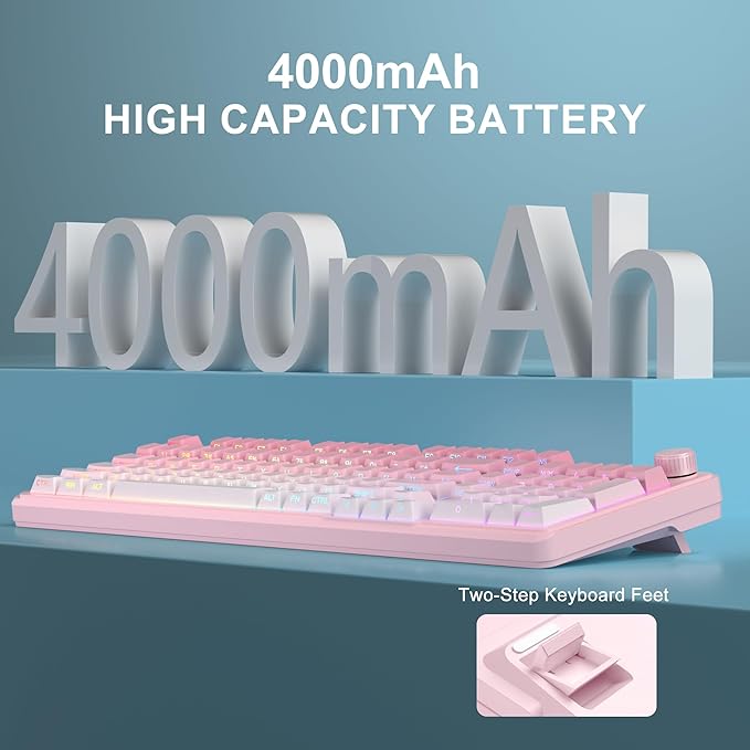 MageGee GK960 Wireless Gaming Keyboard RGB Tri-Mode Wired/BT/2.4G Creamy Keyboard with Number Pad 4000mAh Battery Knob Control Side Printed Keycaps 19-Key Anti-Ghosting for Win/Mac (Pink &amp Wh