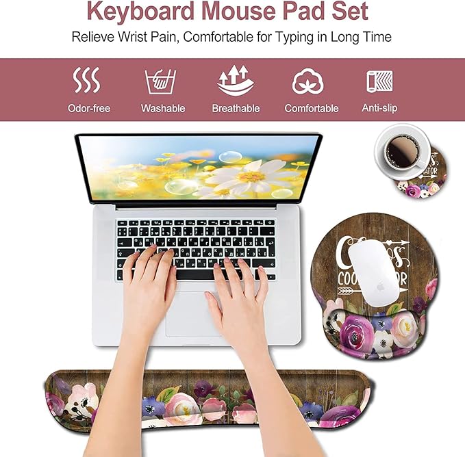 Mouse Pad Wrist Guard and Keyboard Wrist Rest Office Desk Accessories Office Decor for Women Office Gifts Desk Decor Chaos Coordinator Quotes Vintage Watercolor Floral Mouse Pad