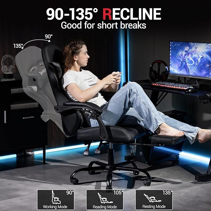 Gaming Chair with Footrest for Adults - PU Leather Massage Racing Video Game Chair w/Lumbar Support for Men Women Ernogomic Computer Game Chair for Home Office Height Adjustable Black