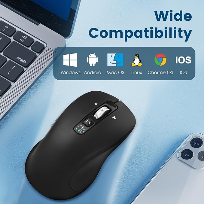 Wireless Bluetooth Mouse (USB + BT1 + BT2) Full Size 4-Way Scrolling Multi-Device Silent Mouse for Computer Laptop iPad MacBook (Black)