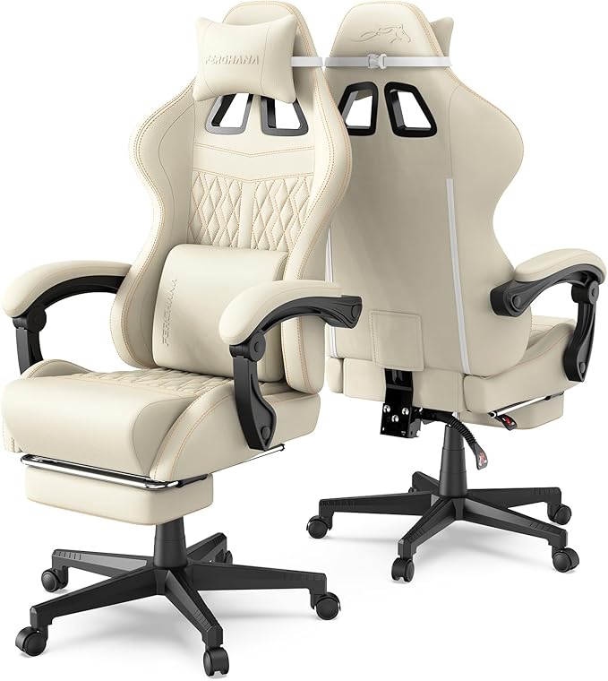 Ferghana Vintage PU Leather Gaming Chair Ergonomic Gamer Chair with Massage High Back Computer Office Chair with Footrest for Adults Racing Style Reclining Video Game Chair (Beige)