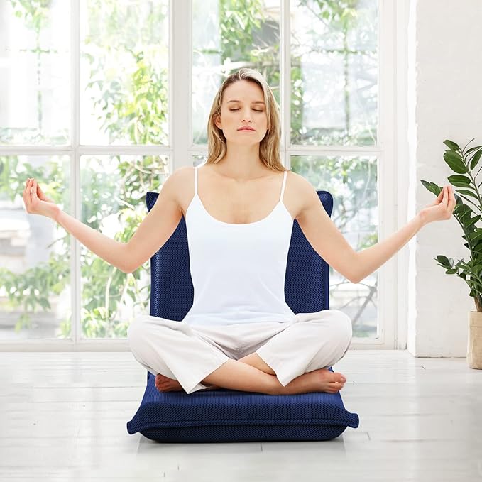 MAT EXPERT Adjustable Floor Chair 6-Position Mesh Floor Gaming Chair Folding Lazy Sofa Padded Lounger Recliner Cushioned Floor Chair with Back Support for Reading Meditating (Navy Blue)