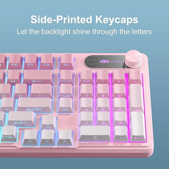 MageGee GK960 Wireless Gaming Keyboard RGB Tri-Mode Wired/BT/2.4G Creamy Keyboard with Number Pad 4000mAh Battery Knob Control Side Printed Keycaps 19-Key Anti-Ghosting for Win/Mac (Pink &amp Wh