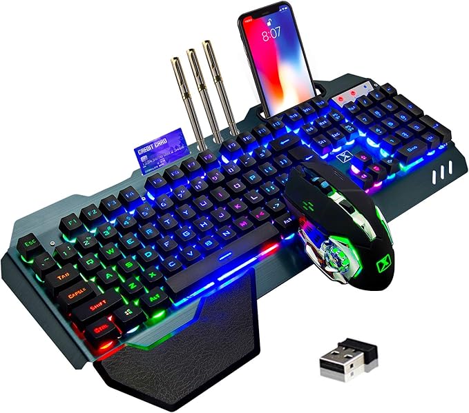 Wireless Gaming Keyboard and MouseRainbow Backlit Rechargeable Keyboard Mouse with 3800mAh Battery Metal PanelRemovable Hand Rest Mechanical Feel Keyboard and 7 Color Gaming Mute Mice for PC Gamers