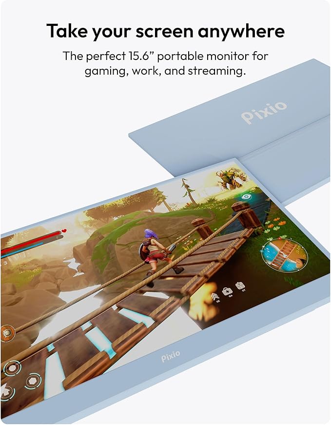 Pixio PX160 Wave Blue Portable Monitor 15.6 inch 60Hz FHD 1080p IPS Panel HDR Screen Cover Stand USB-C HDMI Laptop Screen Extender Portable Monitor for Laptop PC Console Phone