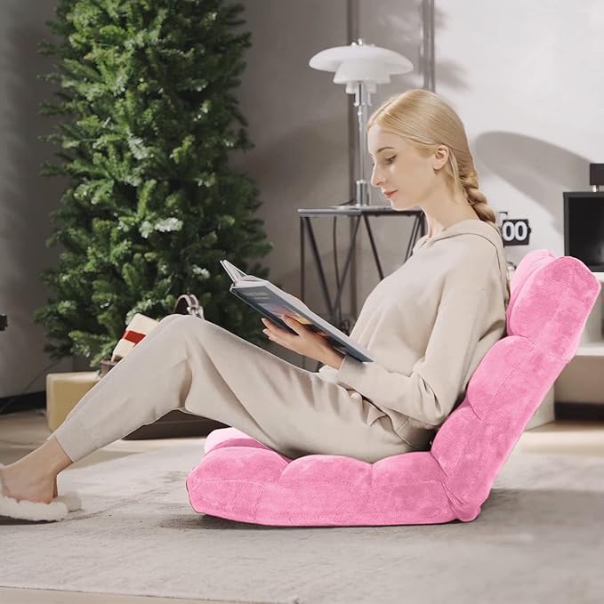 Byroce Folding Floor Gaming Chair 14-Position Adjustable Lazy Padded Sleeper Sofa Bed with Back Support Couch Recliner Floor Chair for Meditation Reading in Bedroom Living Room (Pink)