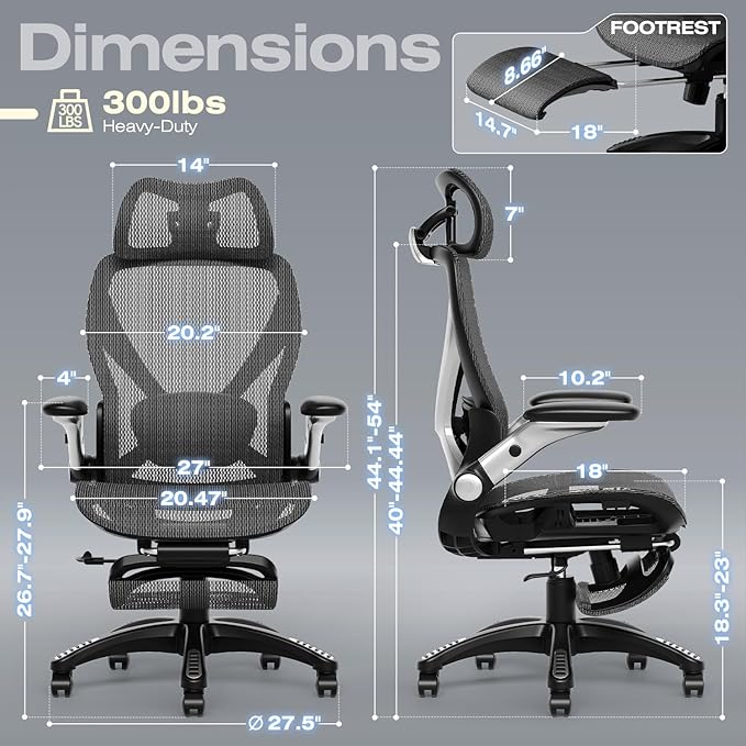 ELABEST X100 Ergonomic Mesh Office Chair with Footrest Big and Tall Hone Desk Chair with 5D Flip-Up Arms Adjustable 3D Lumbar SupportGaming &amp Executive Computer Chairs