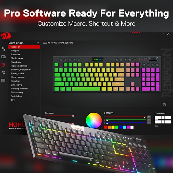 Redragon K618 PRO 3-Mode Wireless RGB Mechanical Keyboard BT/2.4Ghz/Wired Low Profile Win/Mac Gaming Keyboard w/Ultra-Thin Design Dedicated Media Control &amp Tactile Blue Switch