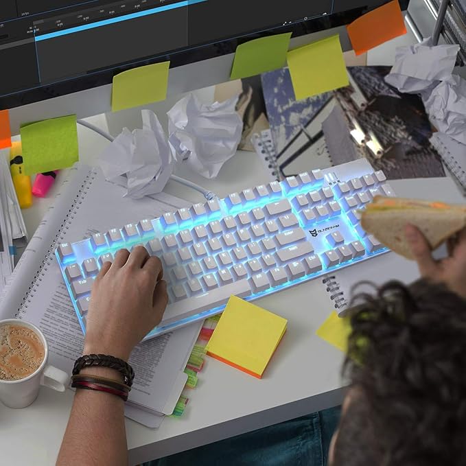 104 Keys Full Size Mechanical PC Gaming Keyboard | Brown Switch Hot Swappable White Mechanical Wired Computer Keyboards | Ice Blue LED Backlit 104 Keys US Layout Light Up Wired Gaming Keyboard