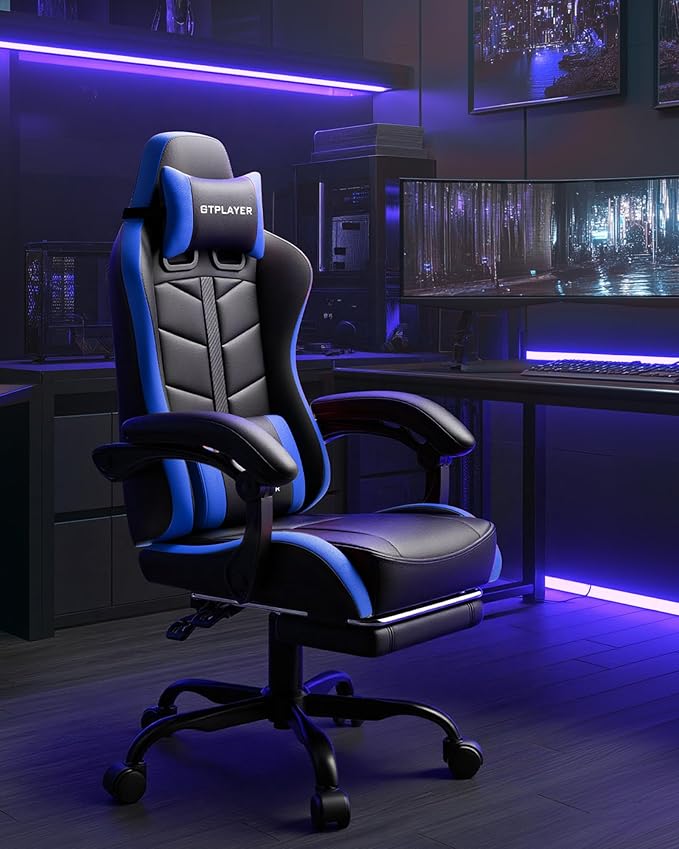 GTPLAYER Gaming Chair for Adults Ergonomic Computer Gaming Chair with Footrest Height Adjustable 90-155° Recline &amp Removable Headrest Lumbar Support Black&ampBlue