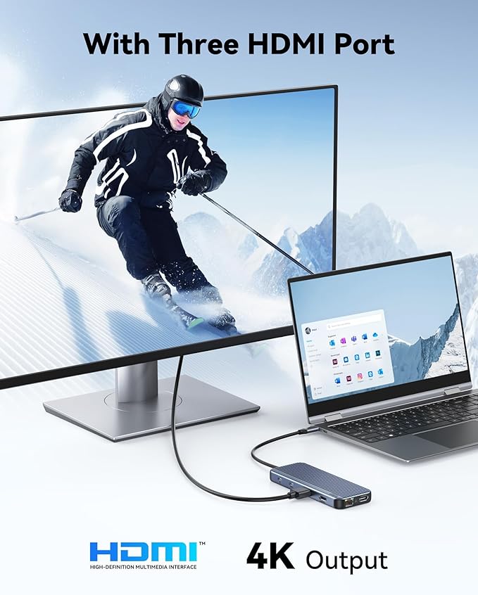 USB C Docking Station 3 HDMI Selore 12 in 1 Laptop Docking Station 3 Monitors with Triple HDMI10Gbps USB A/C 3.1USB 2.0100W PD Charging Gigabit Ethernet Audio MicSD/Micro SD Card Slot