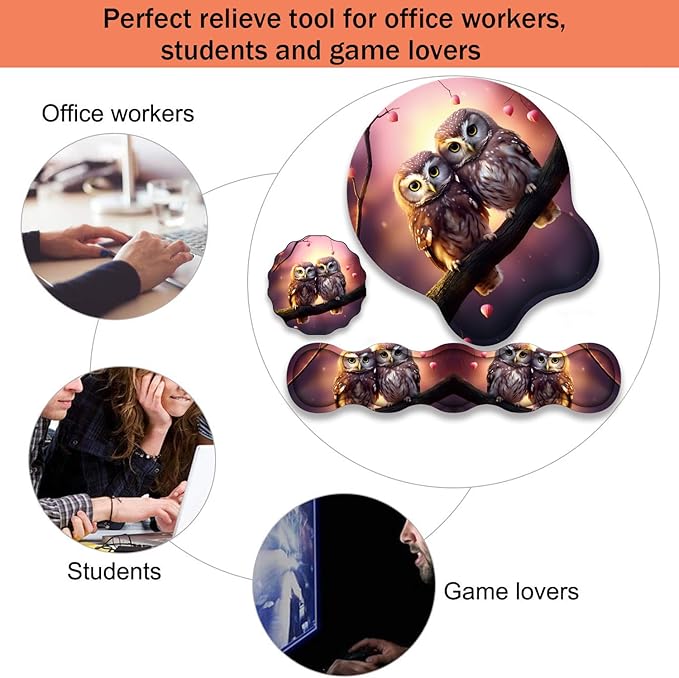 Ergonomic Keyboard Wrist Support Pad and Wrist Support Mouse Pad Anti-Slip with Gel Memory Mouse Pad Set Suitable for Office Use/Home Use - Cute Owls