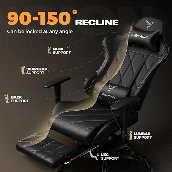 Gaming Chair with Footrest Ergonomic High-Back PU Leather Computer Chair with 3D Adjustable Armrests Headrest and Lumbar Support Office Desk Chair with Diamond Stitching for Adults &amp Teen