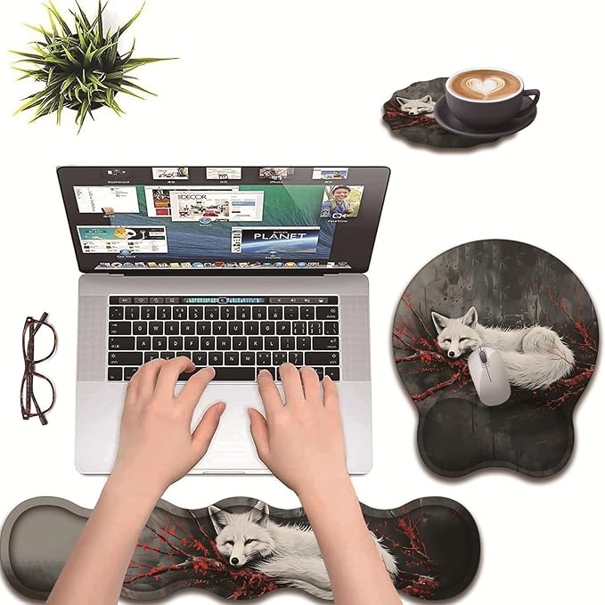 3 in 1 Keyboard Wrist Rest + Mouse Pad and Coaster Ergonomic Gel Mouse Pad and Keyboard Pad Set Comfortable Lightweight for Easy Typing Pain Relie Fox and Red Branch