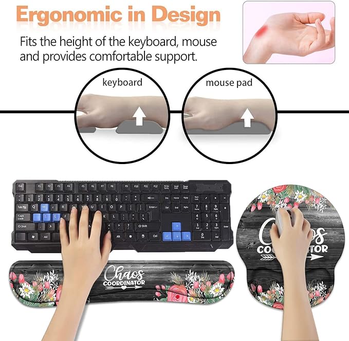 Keyboard Wrist Rest + Mouse Pad Wrist Support Set with Coasters Chaos Coordinator Quotes Colored Floral Wreath Print Wrist Mouse Pad with Non-Slip PU Base for Home Office Working Studying