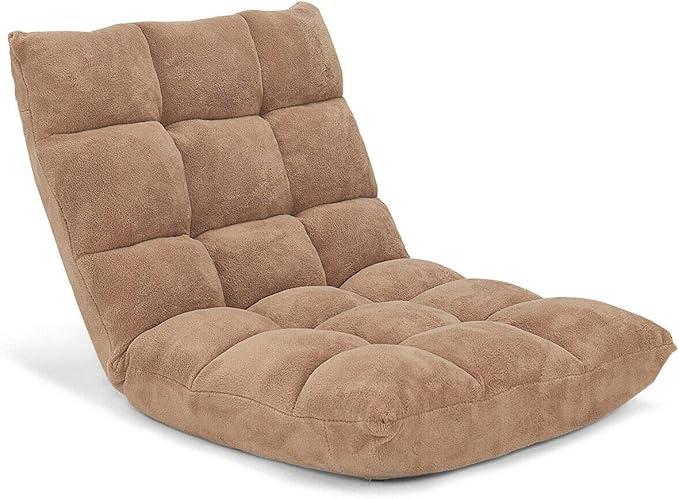Brown Coral Velvet Floor Chair Folding Lazy Video Gaming Chair 14 Adjustable Backrest Positions Soft Comfortable Thick Padded Cushion Steel Frame Great for Reading Watching TV Playing Games