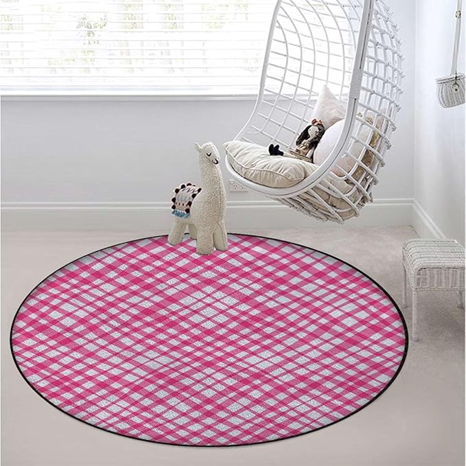 Pink White Office Chair Mat for Hardwood Floor &amp Tile Floor Anti-Slip Floor Protector Mat for Rolling Chair Washable Reusable Girls Style Checked Design Diameter 59 in