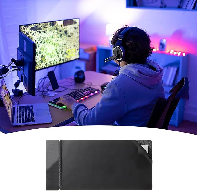 3 in 1 Wireless Charging Mouse Pad 15W Fast Charge Extended Gaming Desk Mat (78x37cm) for Keyboard and Mouse Waterproof Non-Slip Rubber Base Workstation Pad Compatible with Phone and Earbuds Black