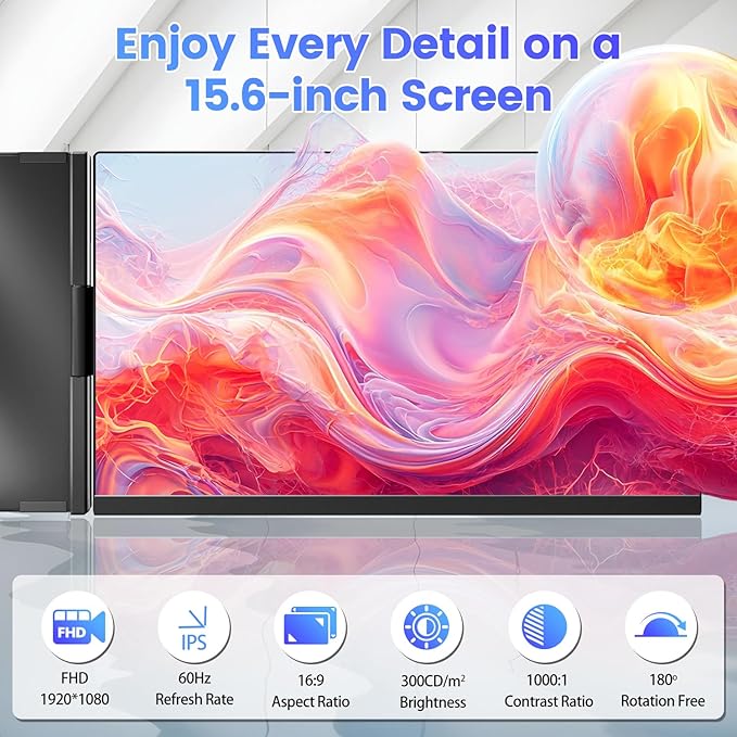 Teamgee 15.6 Laptop Screen Extender Slim &amp Lightweight Portable Monitor for Laptop Full HD IPS 360° Rotating Stand Detachable USB-C Plug &amp Play RGB Lighting Thin Bezels