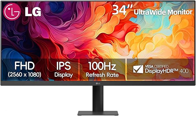 LG 34'' IPS FHD UltraWide Monitor 100Hz 5ms AMD FreeSync DisplayHDR 400 sRGB 99% VESA Mount Reader Mode Black Stabilizer HDMI DisplayPort Virtually Borderless DesignTilt Stand Black