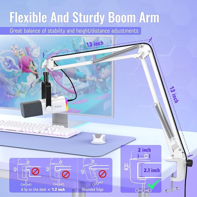 FIFINE XLR/USB Gaming Microphone Bundle with Metal Boom Arm Dynamic RGB Mic with Mute Gain Monitoring for Streaming Vocal Recording Podcast Arm Stand for Home Studio Video Creation (AM8W+CS1W)