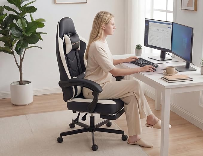 Office Chair Breathable Leather with Pocket Spring Cushion Wide and High Ergonomic Office Chair with Headrest Computer Gaming Chair with Footrest for Adult Black and White