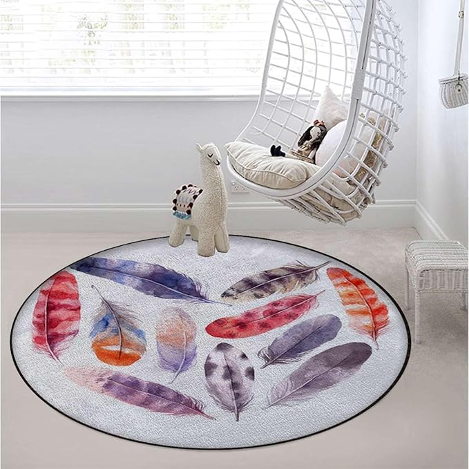 Multicolor Round Area Rug Washable Indoor Throw Rugs for Living Room Bedroom Dreamy Watercolor Elements Plumage Design Diameter 35.4 in