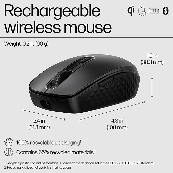 HP 690 Rechargeable Wireless Mouse-Fast Wireless Qi-Charging or USB-C Charging Multi-Devices-3 Bluetooth connectivities Microsoft Swift Pair 4K dpi 4D tilt Wheel Metallic 6 programmable Buttons
