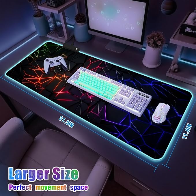 RGB Mousepad Led Mouse Pad Desk Mat I 31.5 x 11.8 Inch Large Mouse Pad I XL Oversized Big Mouse mat 14 Led Light Modes I Anti-Slip Rubber Base Waterproof Keyboard Pad for PC Gaming I Vibrant Neon