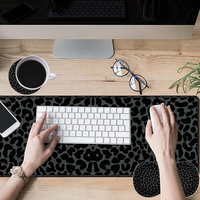 Large Game Mouse Pad + Wrist Support Pad + Coffee Coaster Black Leopard Print Foldable Table Mat with Stitched Edge Non-Slip Set Pad Suitable for Office Work and Home