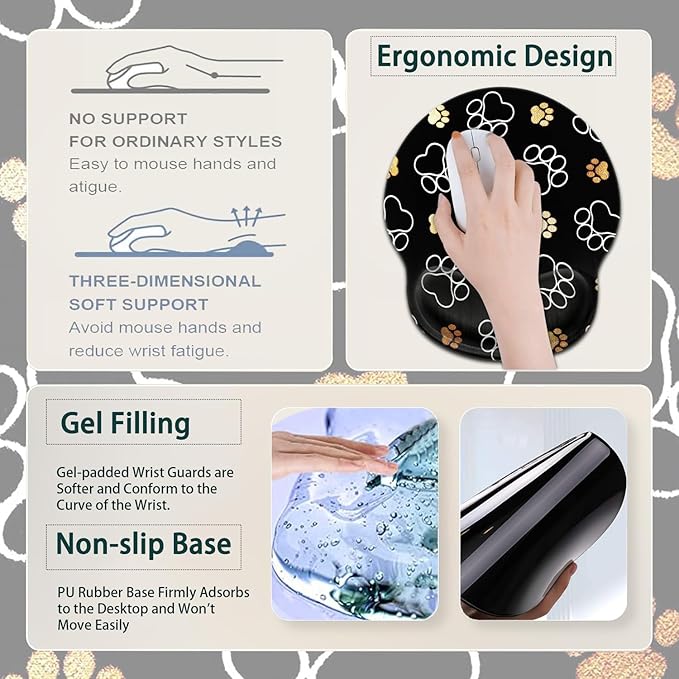 Large Mouse Pad Ergonomic Mouse Pad with Wrist Rest and Keyboard Wrist Rest 4 in 1 Set 31.5 x11.8 inch Extended Desk Pad for Home Office Gold White Cute Dog Paws Prints Black XXL Gaming Mouse Mat